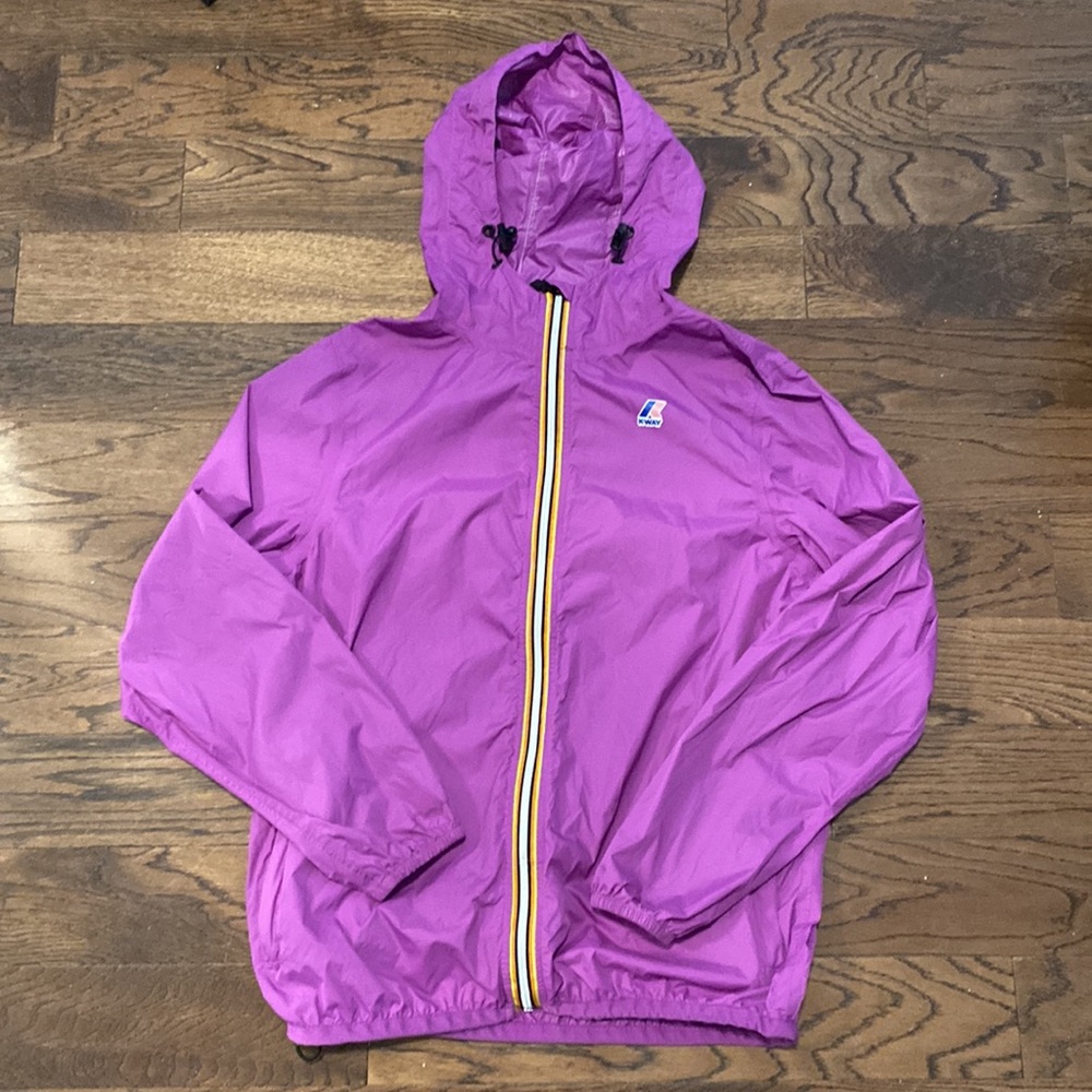 K-Way Purple Hooded Trench Coat with Yellow-Trim Zipper